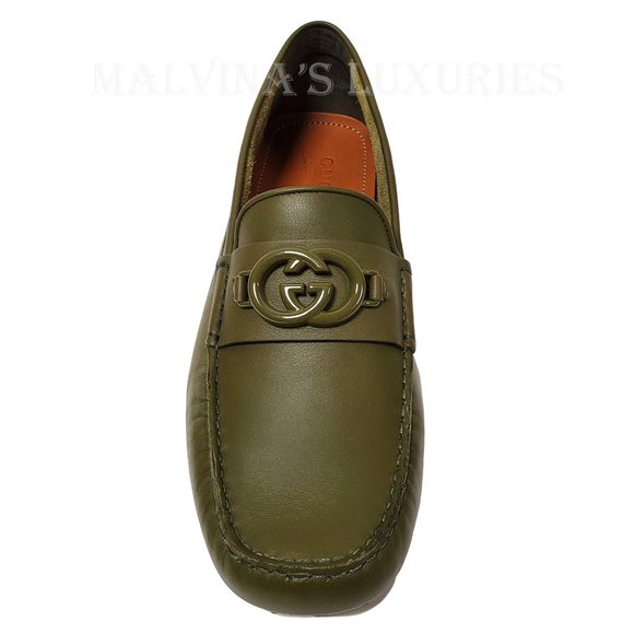 GUCCI SHOES MENS LOAFERS MOCCASINS G LOGO GREEN LEATHER sz 9G 9.5 - Picture 8 of 15